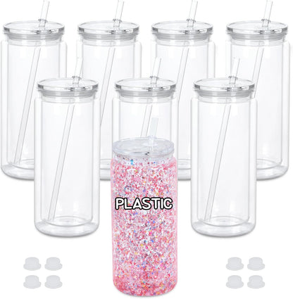20 Oz Plastic Snowglobe Tumbler, 4 Pack Pre-Drilled Double Wall Acrylic Snow Globe Cup, Plastic Clear Cup for Snowglobe, with Clear Lid