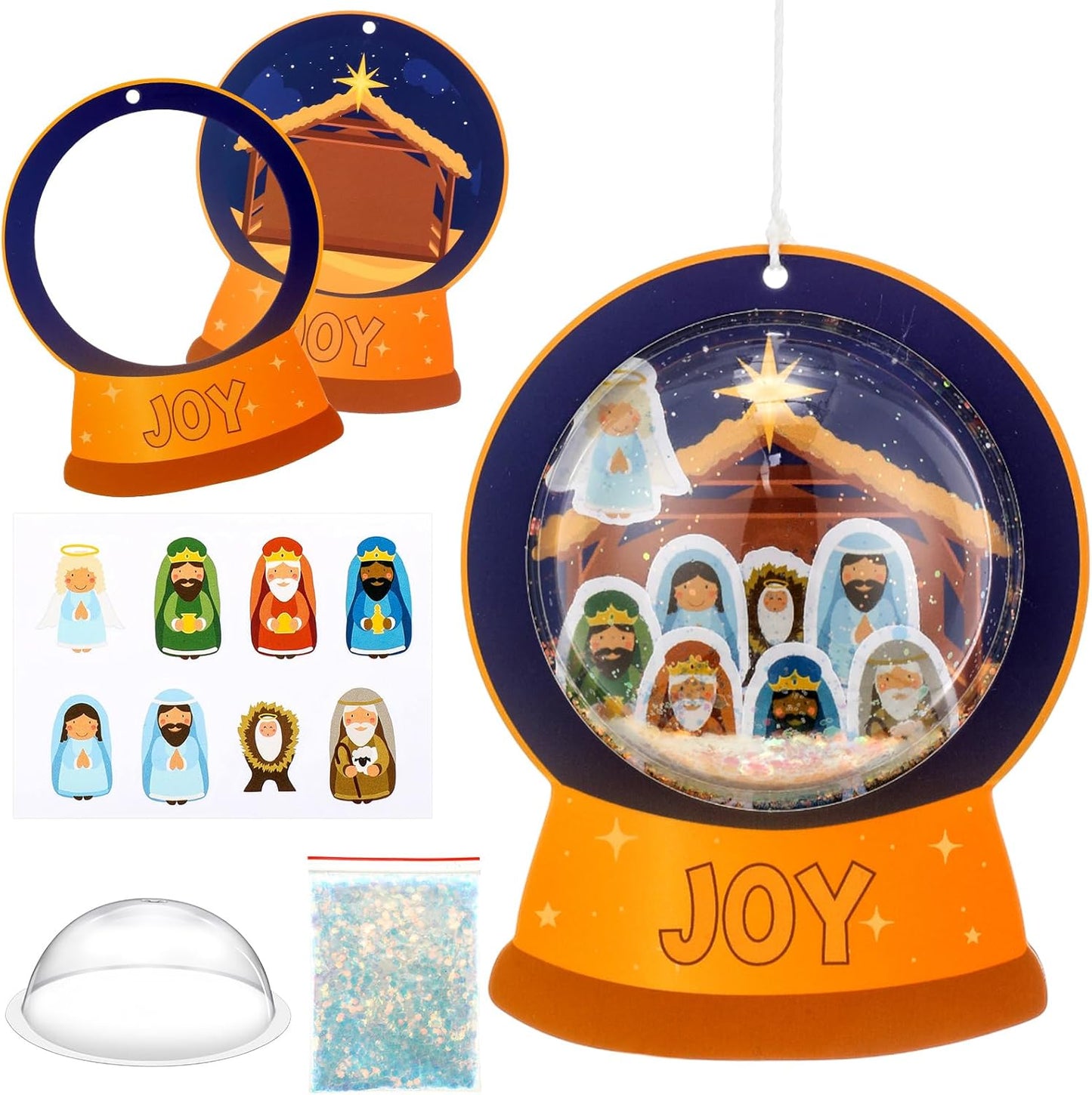 Threehoney 24 Pack Easter Nativity Craft Kit for Kids Toddler Jesus Birth Advent DIY Snow Globe Hanging Ornament with Glitter Sequin Paper Religious Holiday Classroom Decor(Joy,Silver)