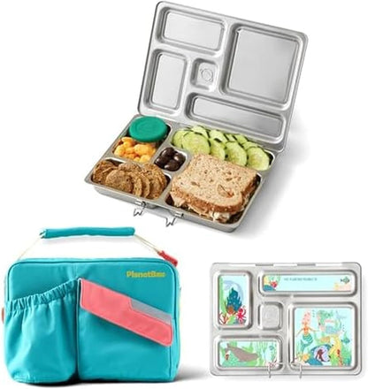 PlanetBox Rover Stainless Steel Bento Box Style Lunch Box Kit for Youth with 5 Compartments – Butterflies Edition includes Insulated Lunch Bag, Leakproof Food Containers & Matching Magnets