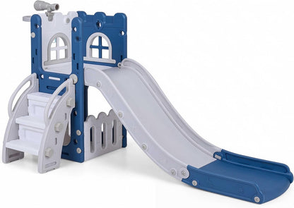 HONEY JOY Toddler Slide, 6 in 1 Freestanding Slide for Kids, Indoor Outdoor Castle Climber Playset Gym w/Basketball Hoop, Ball, Telescope, Storage, Playground Baby Slide for Boys Girls (Blue)