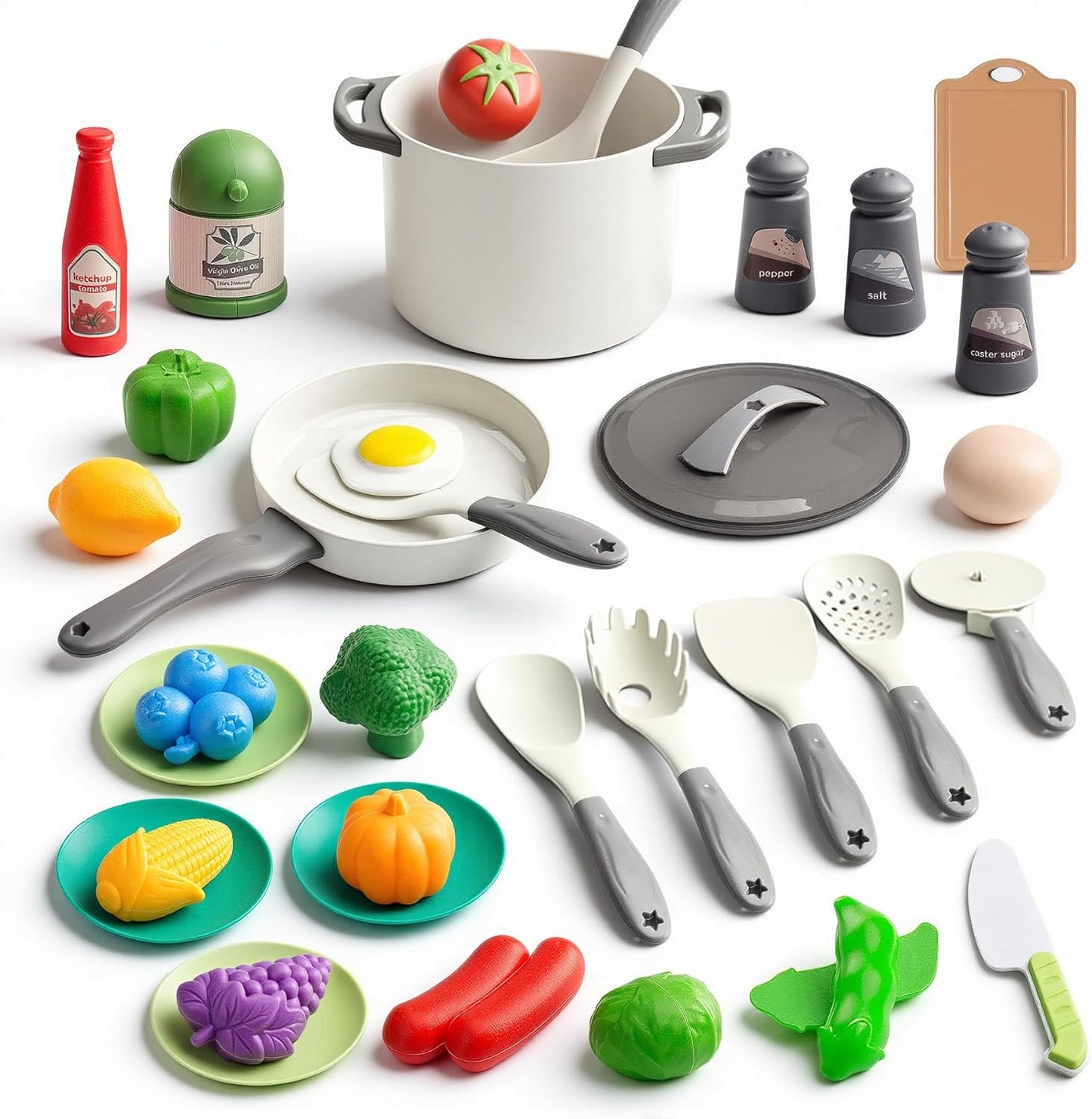 150Pcs Kitchen Playset, Toddlers Pretend Cooking Cookware Accessories, Food, Picnic Blanket, Fruits, Veges, 2Pack Shopping Storage Basket, Dessert and Prop Money, Gift for Kids (Pink)