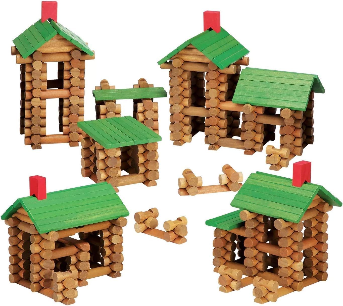 SainSmart Jr. 300 PCS Wooden Log Cabin Set Building House Toy for Toddlers, Classical STEM Construction Kit Compatible with Lincoln Logs for 3+ Kids