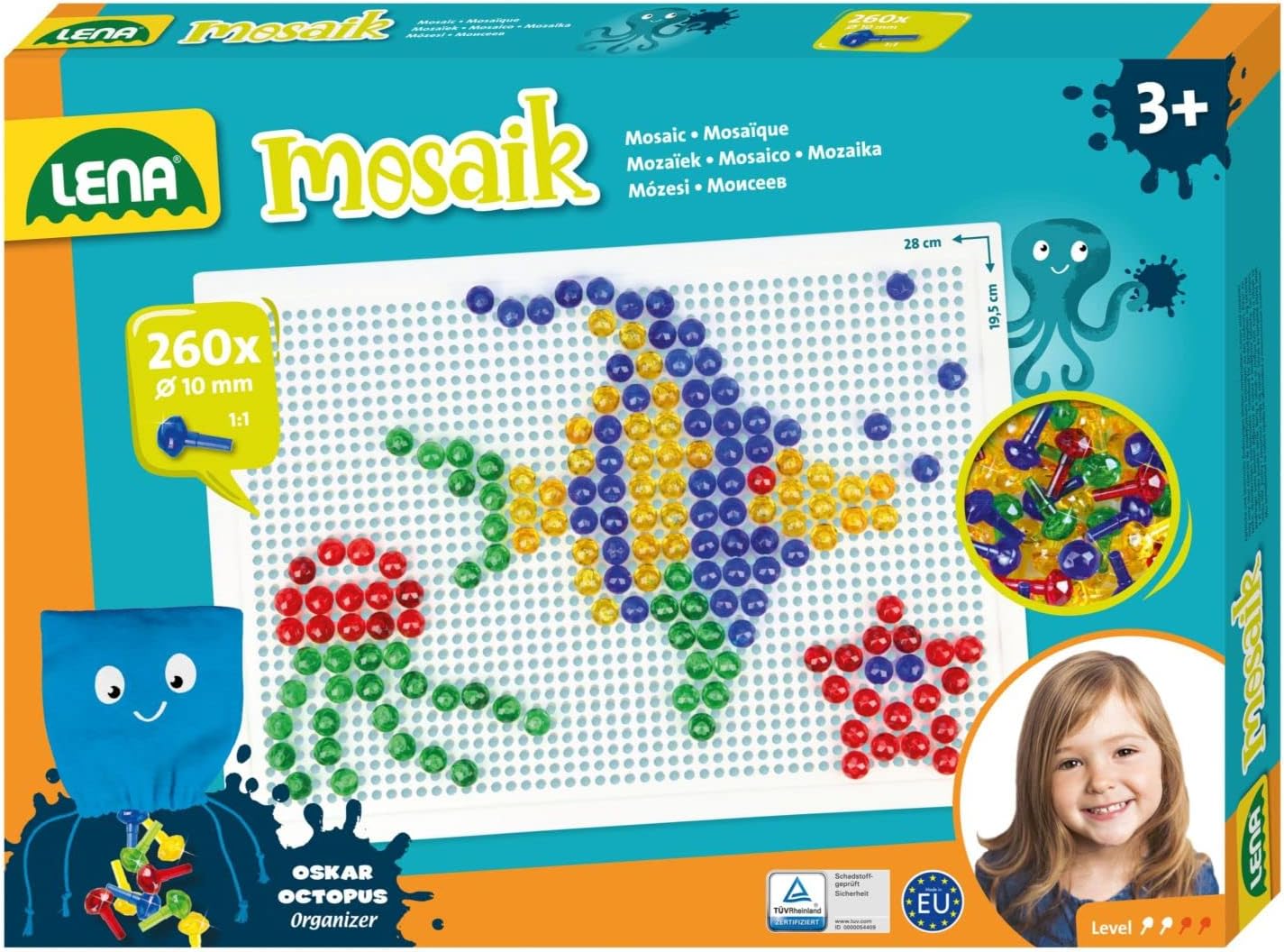 Lena 35626 Mosaic Plug-In Game Set, Mosaic with 260 Transparent Plugs, Mosaic Plug Diameter 10 mm, Mosaic Game for Children from 3 Years, Complete Set with Pegboard Approx. 28 x 19.5 cm and Organiser,