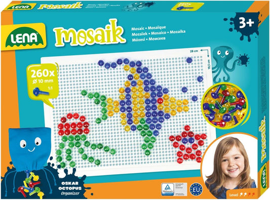Lena 35626 Mosaic Plug-In Game Set, Mosaic with 260 Transparent Plugs, Mosaic Plug Diameter 10 mm, Mosaic Game for Children from 3 Years, Complete Set with Pegboard Approx. 28 x 19.5 cm and Organiser,