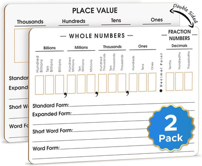 2 Pack Place Value Board 9" x 12" Double Sided Dry Erase Boards for Kids for Teaching Place Values from Billions to Decimal Numbers Math Manipulative Lapboard for Home School and Classroom