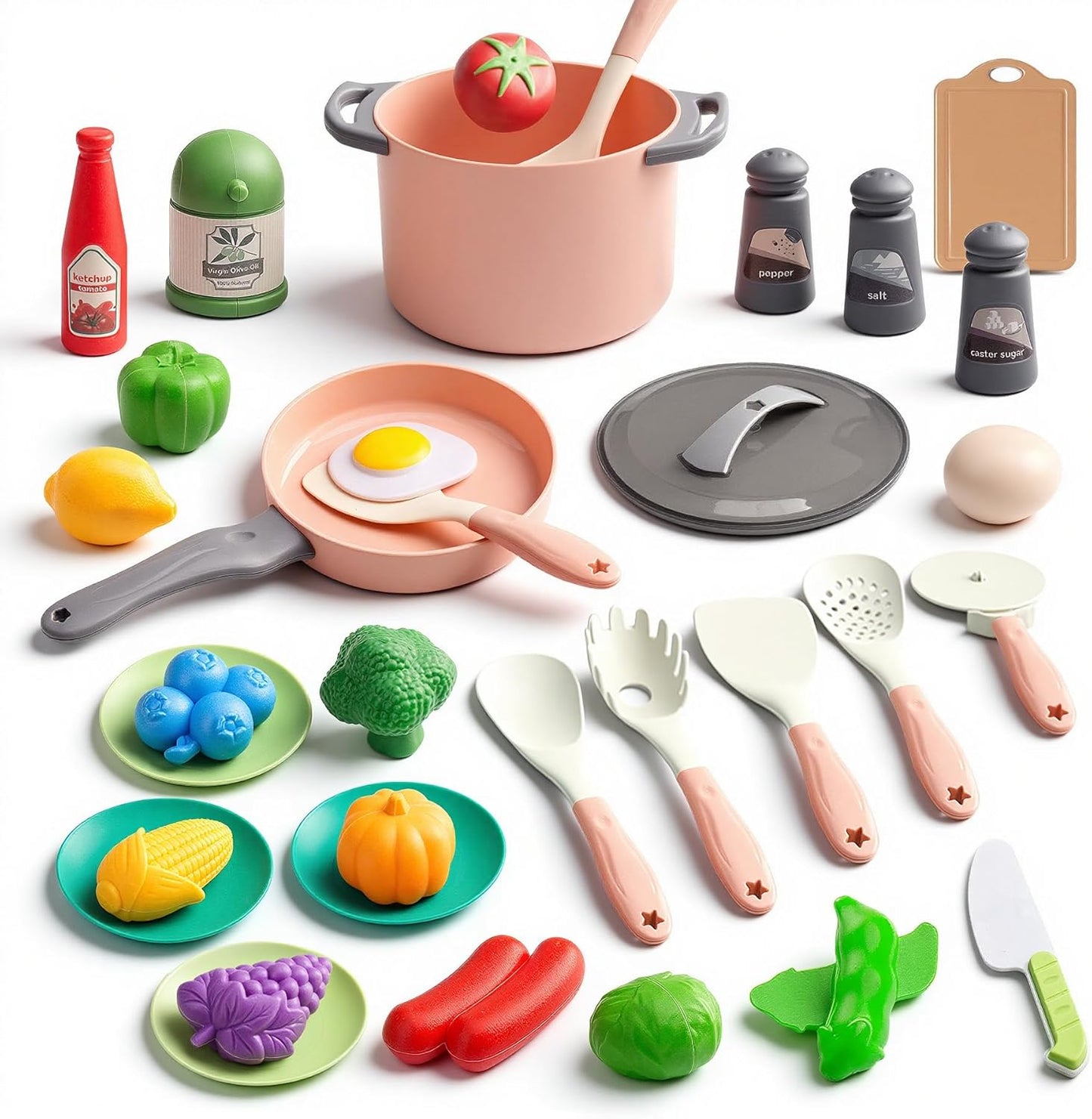 150Pcs Kitchen Playset, Toddlers Pretend Cooking Cookware Accessories, Food, Picnic Blanket, Fruits, Veges, 2Pack Shopping Storage Basket, Dessert and Prop Money, Gift for Kids (Pink)