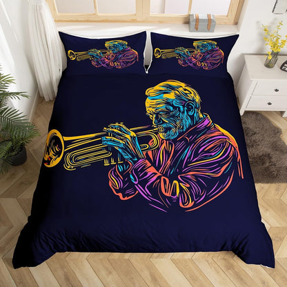 Drum Kit Comforter Cover Abstract Musical Instruments Bedding Set for Kids Boys Teens,Pop Music Duvet Cover Modern Rock Quilt Cover, Teal Laser Light Bedroom Decor Twin Size Blue Green Black