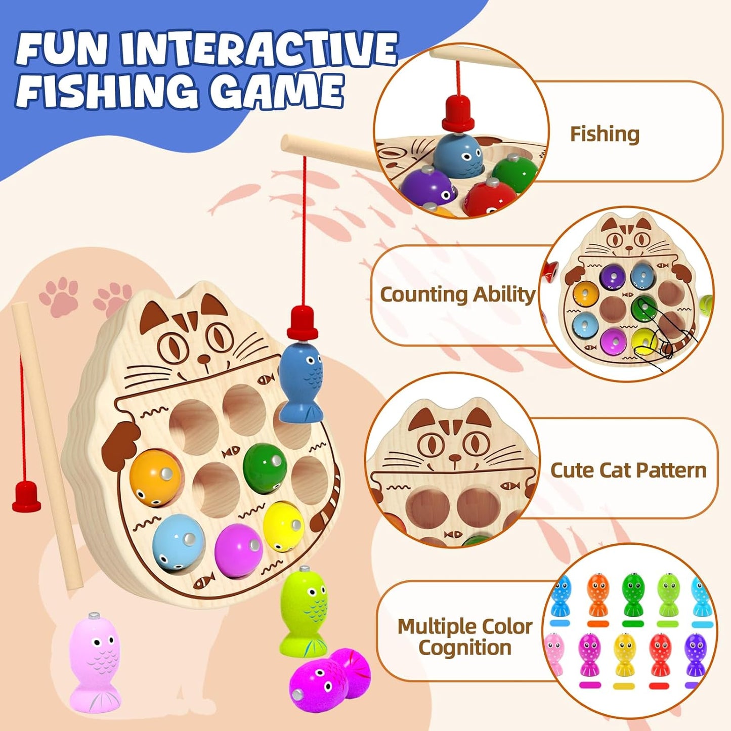 Wooden Magnetic Fishing Game for Toddlers 1-3, Montessori Sensory Busy Board Fine Motor Skills Toys for 1 2 3 Years Old Boys Girls (Frog B-Fish Game)