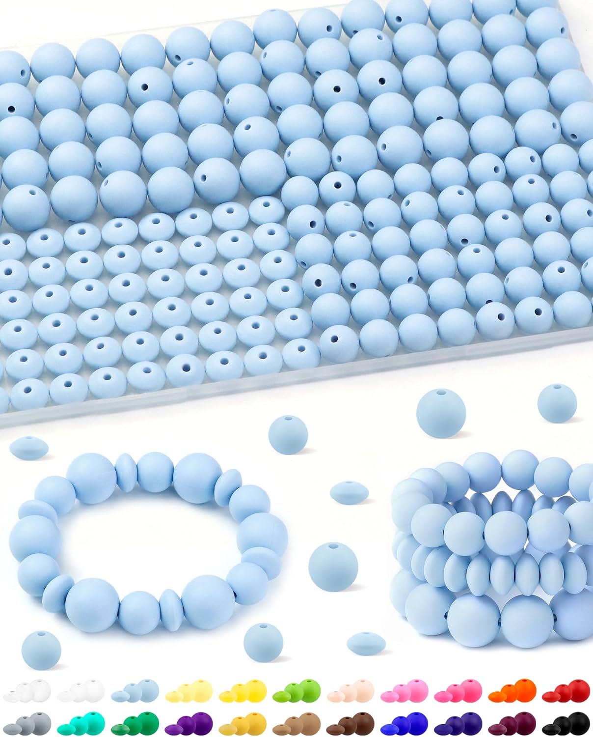 200Pcs FIVEIZERO Mixed Silicone Beads for Keychain Making, 12mm 15mm Round and 12mm Lentil Silicone Beads for Pens Bracelet Necklace DIY Crafts(Black)
