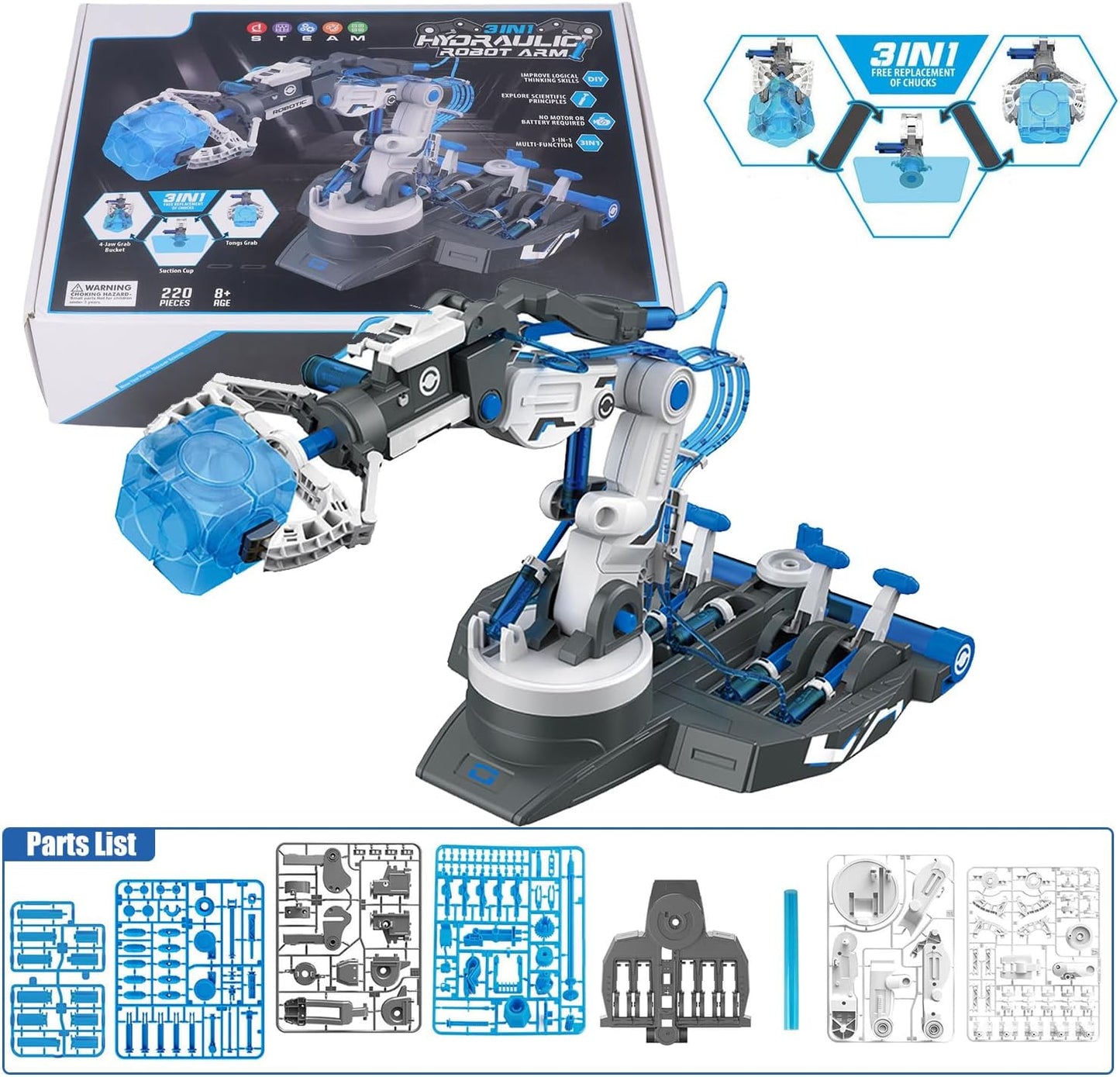 Hydraulic Robot Arm Kit STEM Building Projects Toy Science Kits 3 in 1 Children Hydraulic Mechanical Arm Toy Scientific Experiment for Kids Over 8 Years[Blue]