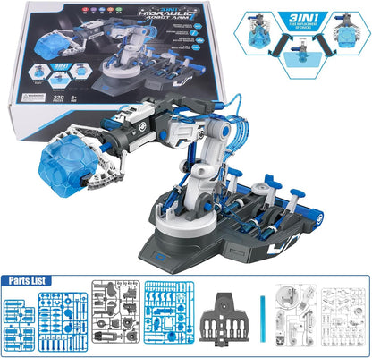 Hydraulic Robot Arm Kit STEM Building Projects Toy Science Kits 3 in 1 Children Hydraulic Mechanical Arm Toy Scientific Experiment for Kids Over 8 Years[Blue]