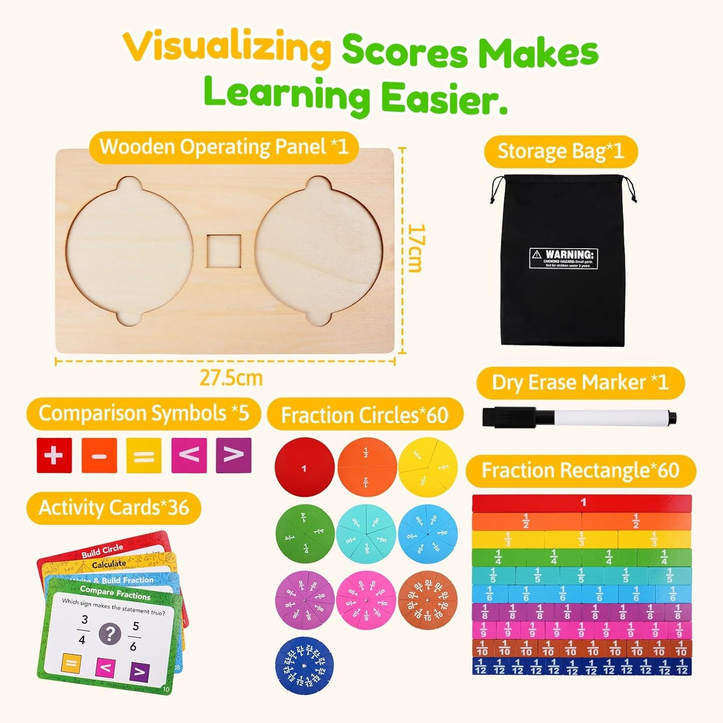 Wooden Fraction Manipulatives Set, Double-Sided Fraction Circles & Fraction Tiles with Addition & Subtraction Symbols, Montessori Math Learning Toy for Homeschool & Elementary Classroom Grade K-3
