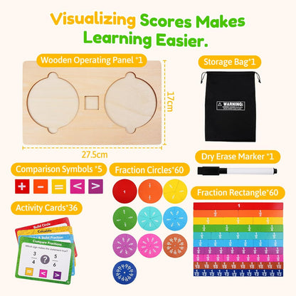 Wooden Fraction Manipulatives Set, Double-Sided Fraction Circles & Fraction Tiles with Addition & Subtraction Symbols, Montessori Math Learning Toy for Homeschool & Elementary Classroom Grade K-3