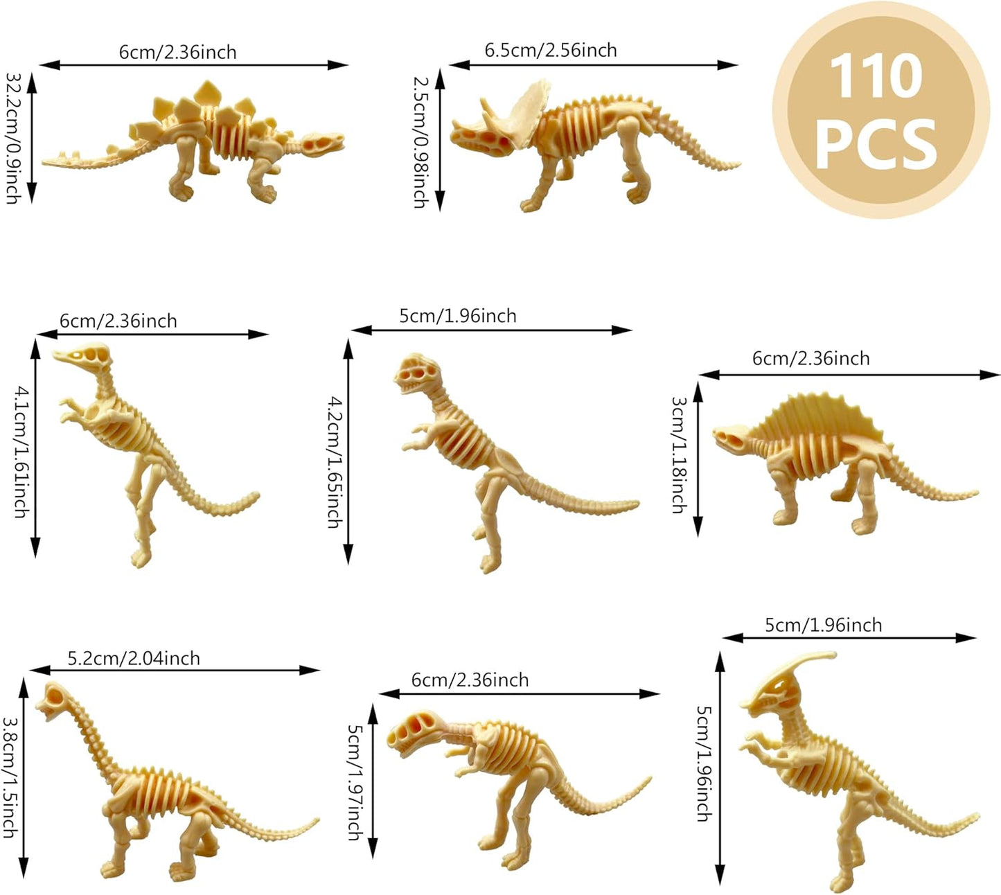 HAVAGDTM 110PCS Dinosaur Fossil Skeleton Dinosaur Skeleton Toys Assorted Figures Dino Bones for Birthday Party Science Play Dino Sand Dig Party Favor Decorations 2.5Inch