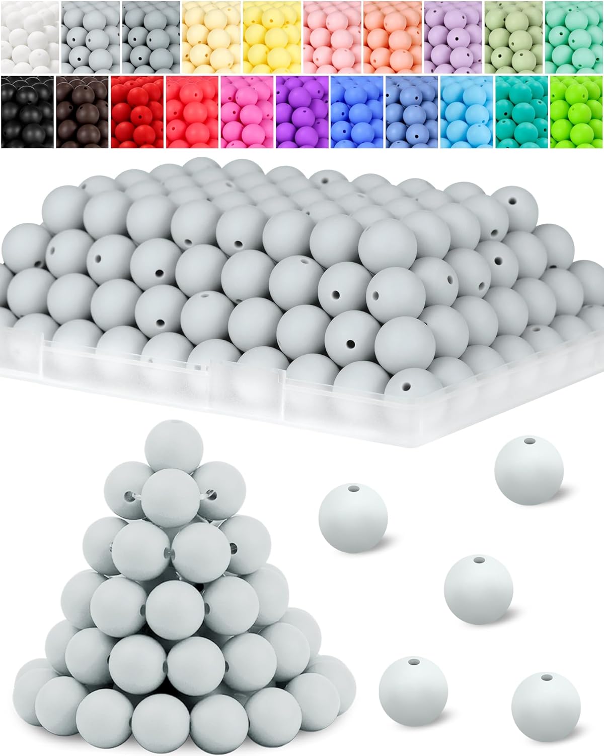 120PCS FIVEIZERO Silicone Beads for Keychain Making, 15mm Glacier Gray Round Silicone Rubber Focal Beads Bulk for DIY Crafts, Bracelets, Necklaces, and Pens