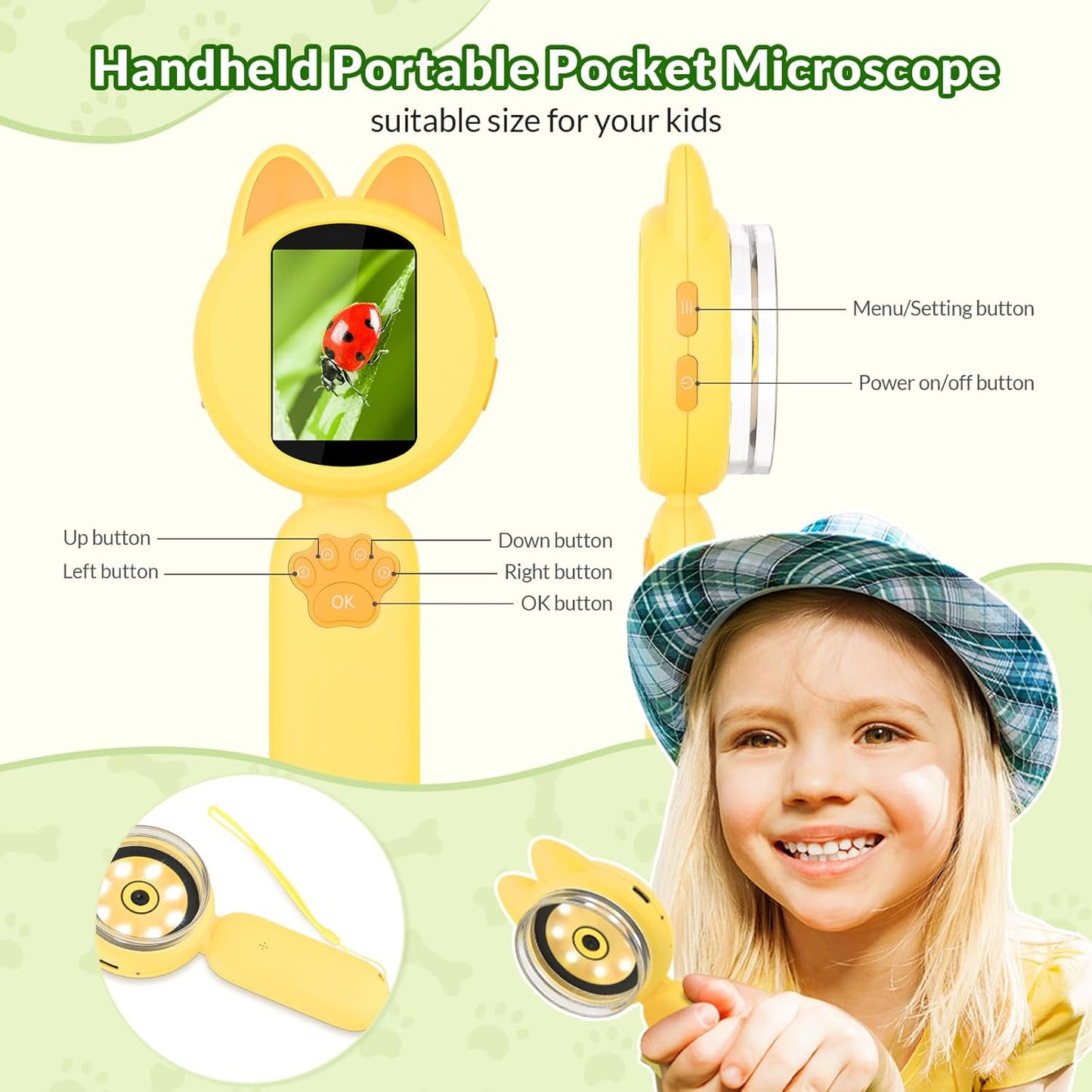 Mafiti Microscope for Kids Mini Pocket Handheld Kids Microscope Educational Science Kit Toys Xmas/Birthday Gifts for Aged 3-12 Girls Boys,Pink