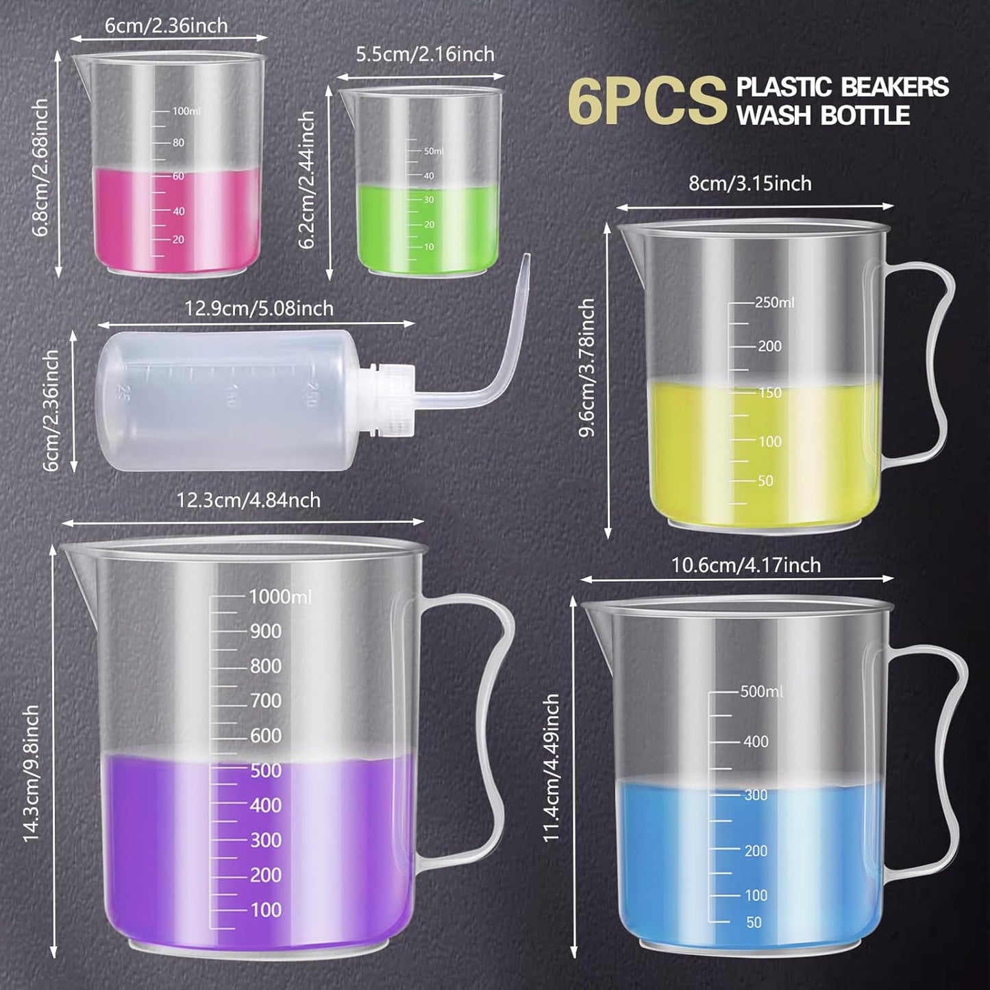 Plastic Graduated Cylinder and Beaker Set, 10ml 25ml 50ml 100ml Graduated Cylinders, 50ml 100ml 250ml 500ml 1000ml Plastic Science Beakers, Ideal for School and Kid Science Lab