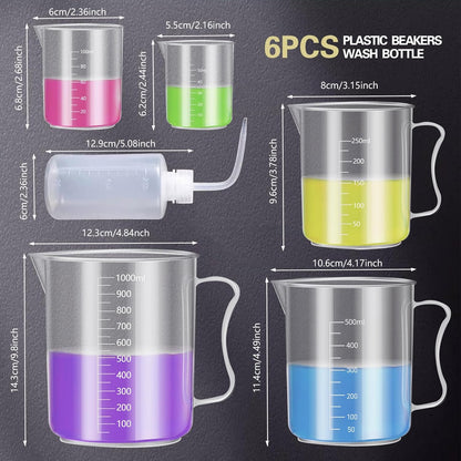 Plastic Graduated Cylinder and Beaker Set, 10ml 25ml 50ml 100ml Graduated Cylinders, 50ml 100ml 250ml 500ml 1000ml Plastic Science Beakers, Ideal for School and Kid Science Lab