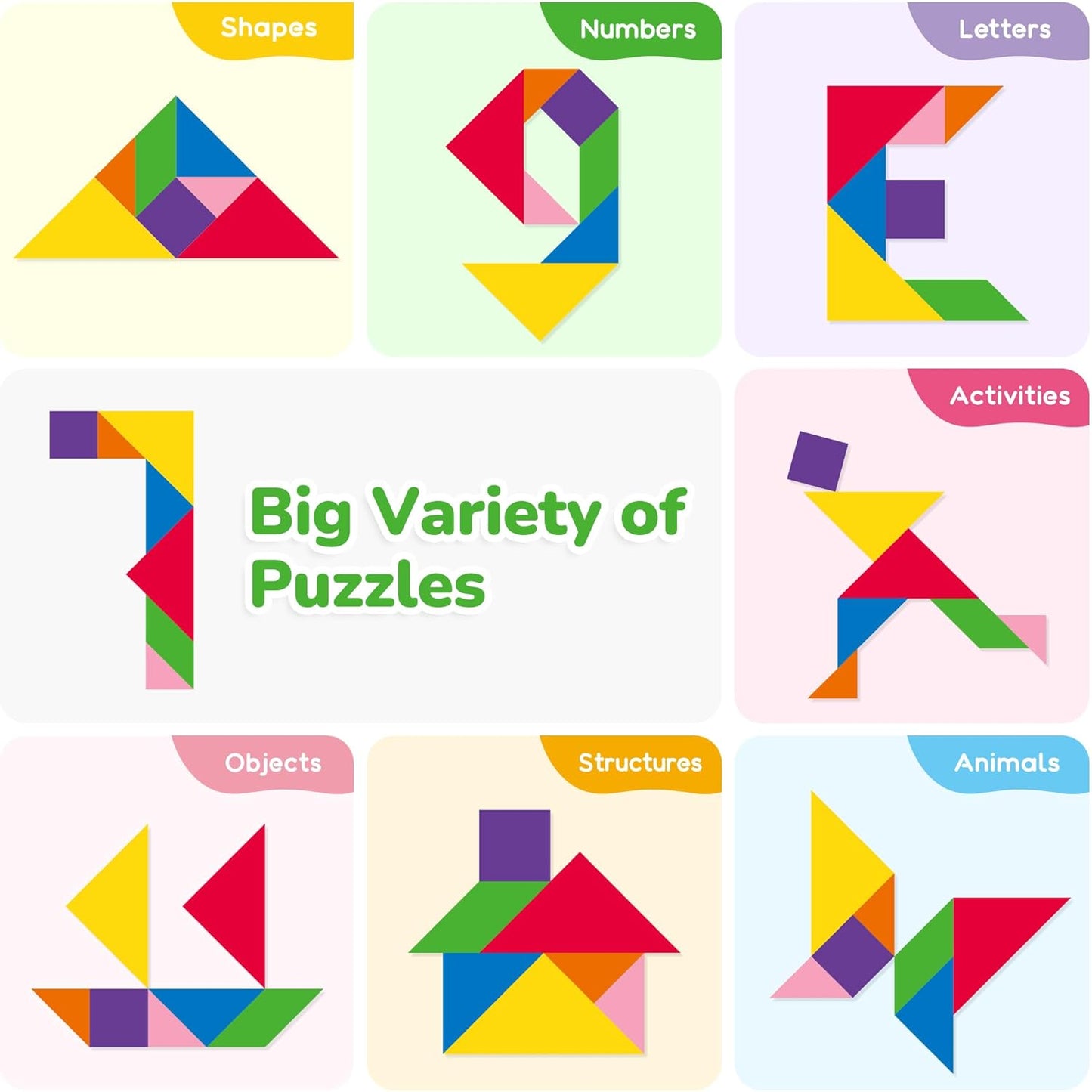 BenBen Travel Tangram Puzzle with 2 Sets Magnetic Wooden Shapes, Extra Large Dual-Sided Magnet Surface, Color Pattern IQ Book，Road Trip Car Plane Game，Educational STEM Travel Toys for Kids Adults