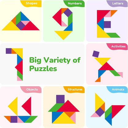BenBen Travel Tangram Puzzle with 2 Sets Magnetic Wooden Shapes, Extra Large Dual-Sided Magnet Surface, Color Pattern IQ Book，Road Trip Car Plane Game，Educational STEM Travel Toys for Kids Adults