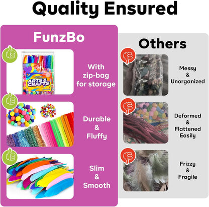 FUNZBO 2000Pcs+ Arts & Crafts Supplies Kits for Kids, DIY Craft Supplies for Toddlers Art Supply Tools Set Pipe Cleaners, Pom Poms and Feather, Birthday Gifts for Kid Girls Ages 4-8-12