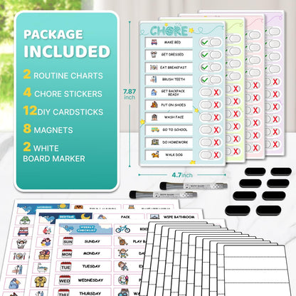 Dry Erase Kids Chore Chart for 2 Kids Pink and Blue - Magnetic Routine Chart with Slider Cute Design Stickers, Morning Bedtime Routine Chart for Toddlers Visual Schedule for Kid