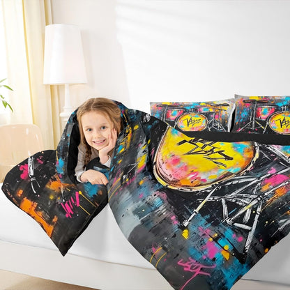 Erosebridal Drum Kit 3D Print Kids Comforter Sets Rock Music Themed Full Bedding Set for Boys Girls Musical Pattern Comforter Set,Colorful Retro Style Quilt Duvet 3 Pcs
