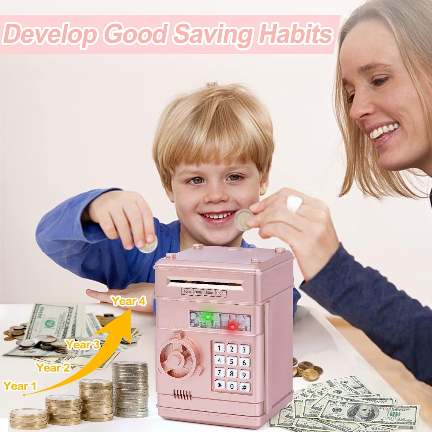 Refasy Piggy Bank Cash Coin Can ATM Bank Electronic Coin Money Bank for Kids Age 3-12, Money Savings Box Mini ATM Coin Bank Toys Gifts for 3 4 5 6 7 8 9 10 11 12 Year Old Boys Girls