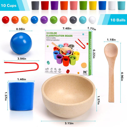 10 PCS Rainbow Balls in Cups, Mini Wood Classification Cup Game, Rainbow Sorting Balls with Spoon and Tongs, Preschool Learning Educational Montessori Matching Games for 3+ Year Old