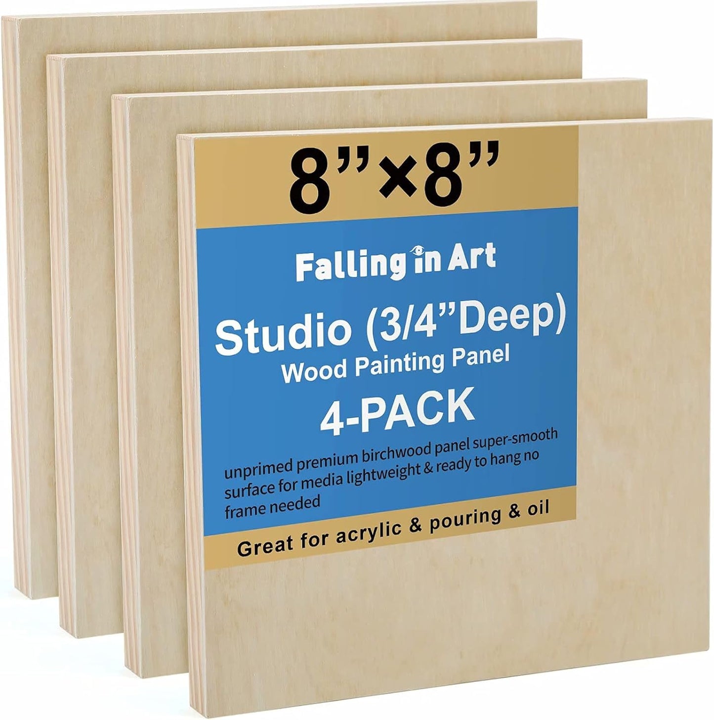 Falling in Art Unfinished Birch Wood Canvas Panels Kit, 4 Pack of 8x10’’ Studio 3/4’’ Deep Cradle Boards for Pouring Art, Crafts, Painting, and More