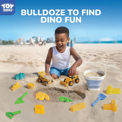 TOY Life 30 Pcs Dinosaur Fossil Beach Toys for Kids Ages 4-8 Collapsible Sand Toys with Dinosaur Toys Silicone Bucket Shovels & Dino Digging Building Kit Molds, Sandbox Toy for Summer, Travel
