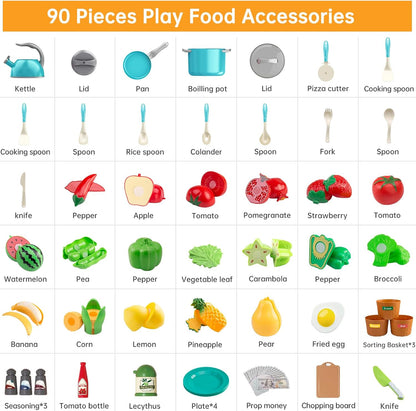 150Pcs Kitchen Playset, Toddlers Pretend Cooking Cookware Accessories, Food, Picnic Blanket, Fruits, Veges, 2Pack Shopping Storage Basket, Dessert and Prop Money, Gift for Kids (Pink)