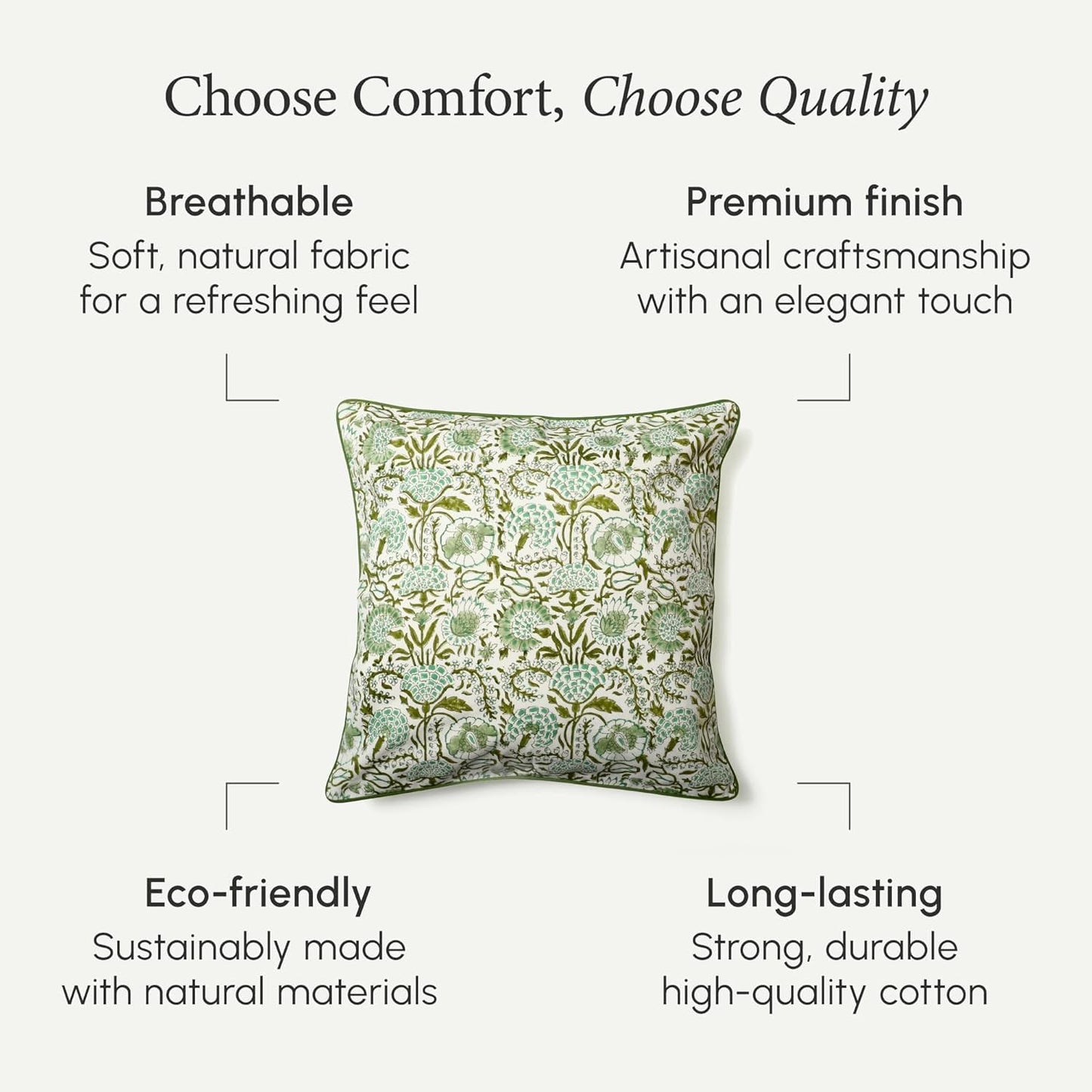 CPC 100% Cotton Throw Pillow Covers 18x18 Inch, Set of 2 Green Block Print Pattern Couch Pillow, Cute Boho Decorative Pillows for Living Room, Bedroom with Hidden Zipper- Agate Green