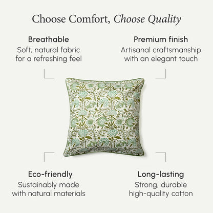 CPC 100% Cotton Throw Pillow Covers 18x18 Inch, Set of 2 Green Block Print Pattern Couch Pillow, Cute Boho Decorative Pillows for Living Room, Bedroom with Hidden Zipper- Agate Green