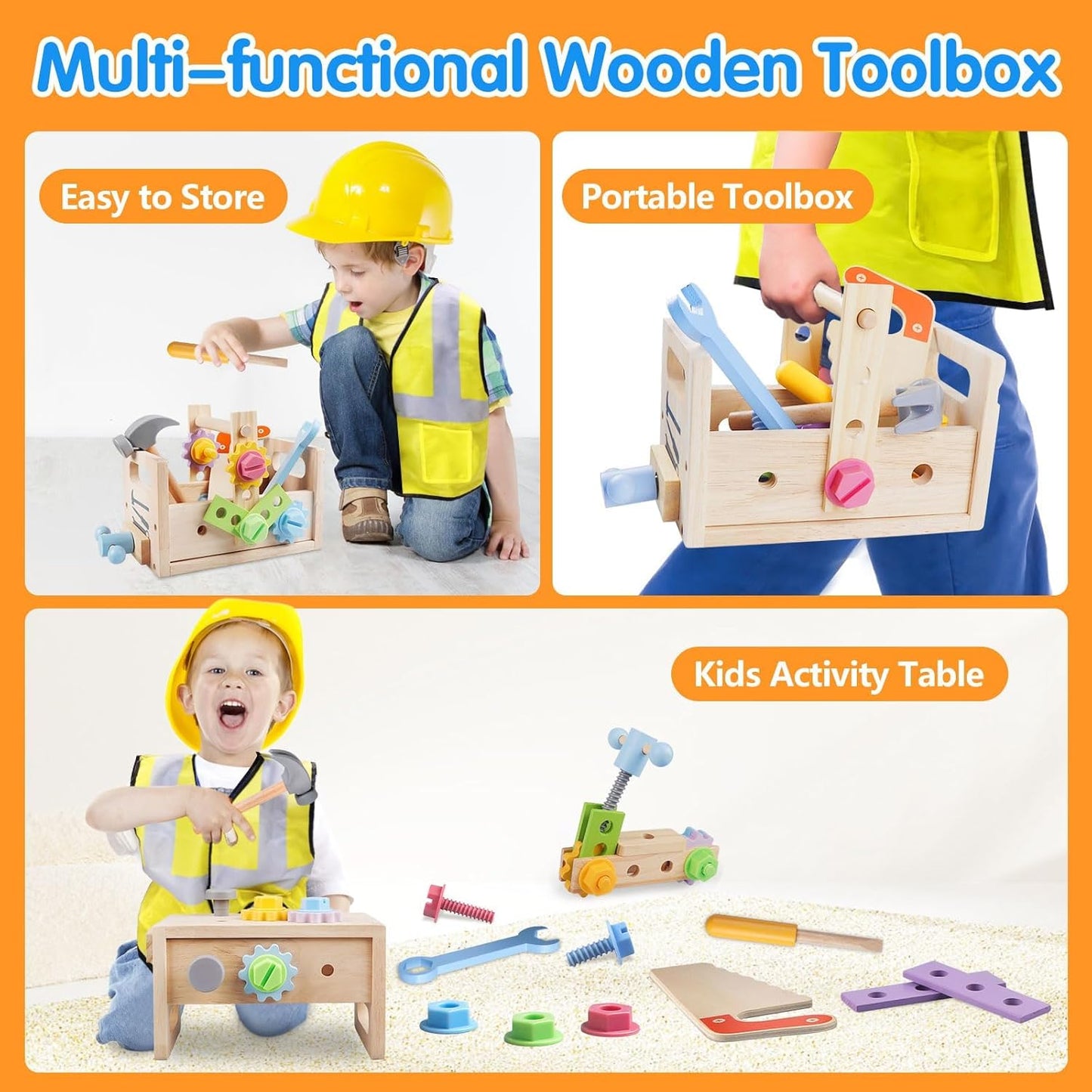 Aliex 38PCS Kids Wooden Truck Tool Set with Toy Drill for Toddlers Ages 3 4 5 6,Montessori STEM Educational Learning Construction Workbench Pretend Play Tool Kit,Birthday Sensory Gift for Boys Girls