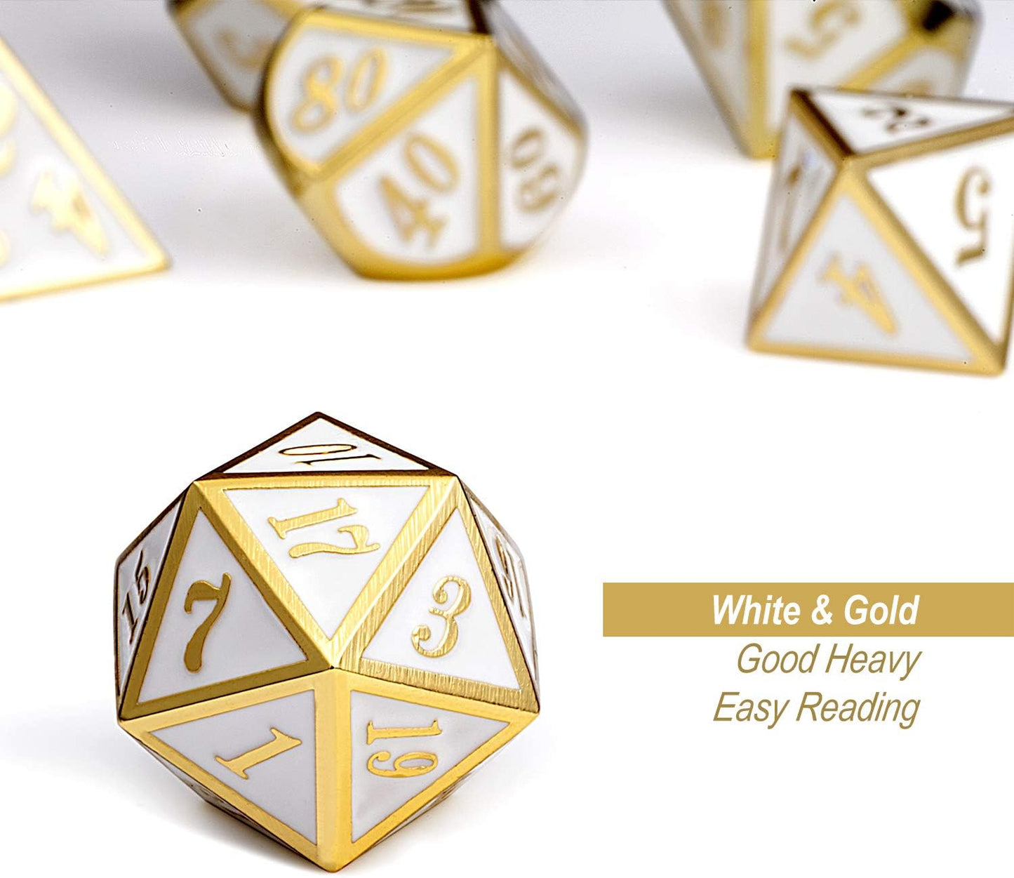DnDnD Heavy Polyhedral Metal Dice Set with Metal Box, 7-die Shiny Blue Surface with Golden Number for RPG,Dungeons and Dragons,Pathfinder,Shadowrun,D&D,Role Palying Game and Math Teaching - Colors A