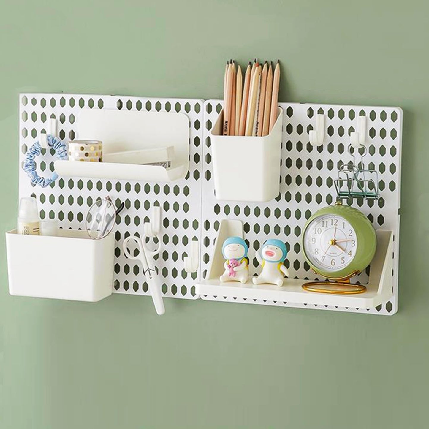 PegBoard Wall Organizer, Plastic Wall Pegboard Kit, 2 White Pegboard and 10 Pegboard Accessories, Wall Mount Pegboard with Hooks, Wall Display Peg board for Home and Office, 19.5” x 9.5”