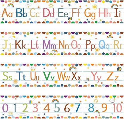 12 Pcs Alphabet Bulletin Board Strips Alphabet and Number Lines ABC Rainbow Themed Alphabet Poster for Preschool Kindergarten Bedroom Playroom Classroom Wall Decoration