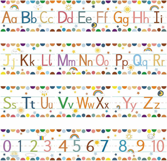 12 Pcs Alphabet Bulletin Board Strips Alphabet and Number Lines ABC Rainbow Themed Alphabet Poster for Preschool Kindergarten Bedroom Playroom Classroom Wall Decoration