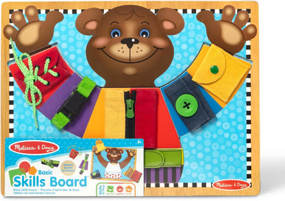 Melissa & Doug Basic Skills Puzzle Board - Wooden Educational Toy Learn to Button Busy Board, Activity for Fine Motor Skills, Developmental Toy for Toddlers Ages 3+