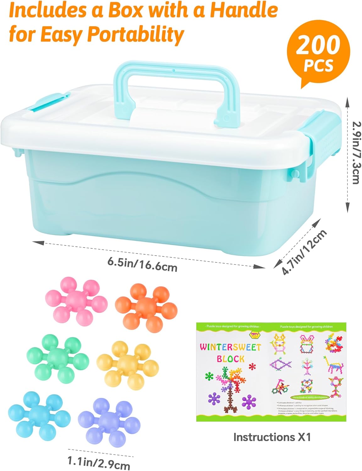 Snowflake Interlocking Building Block Educational Toy 300PCS for Kids Ages 3+, Multi-Color Solid Plastic Early Learning Creativity STEM Toy with Carrying Case Safe Material