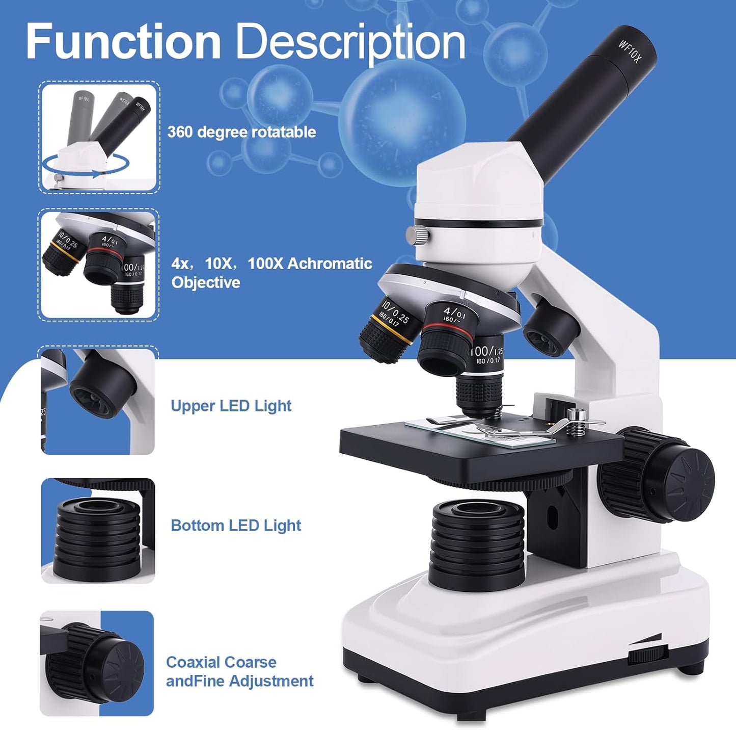 Microscope for Adults & Kids, 40X-2500X High-Power Compound Microscope for Students, School Lab & Home Schooling,Equiped with Slides Set & Phone Holder (Light White)