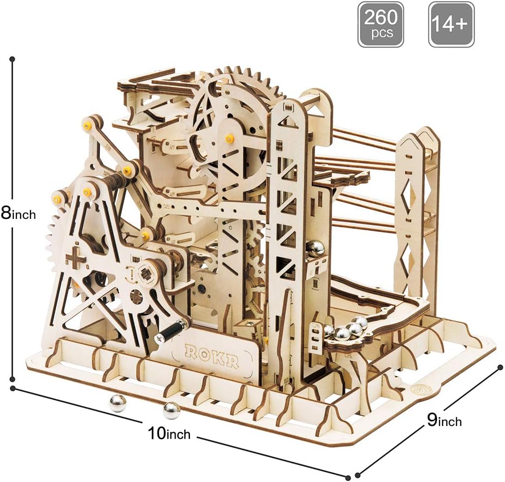 ROKR 3D Assembly Wooden Puzzle Brain Teaser Game Mechanical Gears Set Model Kit Marble Run Set Unique Craft Kits Christmas/Birthday/Valentine's Gift for Adults & Kids Age 14+(LG503-Lift Coaster)