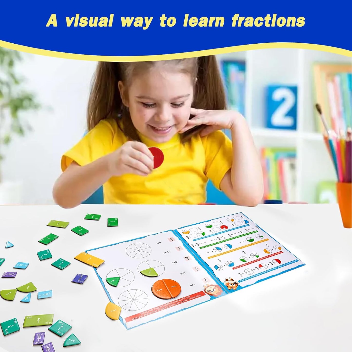 Magnetic Fraction Demonstration Book, Magnetic Fraction Tiles, Fractions Manipulatives, Score Disk Demonstrator Math Puzzle Learning Building Block Set- (2Set)