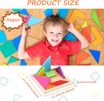 Shappy 36 Pieces Wooden Tangram Puzzles for Kids Educational Shape Puzzle Toys Geometric Pattern Brain Logic Puzzle Blocks for Students Educational Activities Back to School Gifts(Novelty Style)