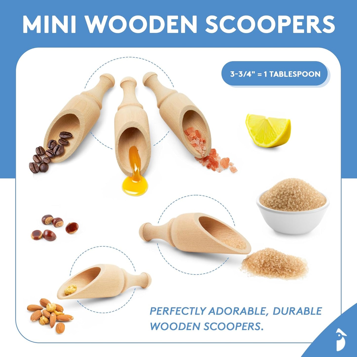Mini Wooden Scoops 3-3/4 Inches Long, 50 Unfinished Mini Scoops for Jars, Bath Salts, Body Scrubs, Salt & Spice Containers, by Woodpeckers