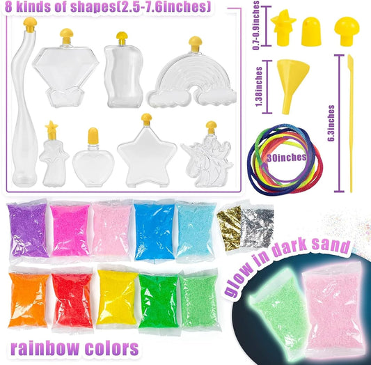 Shindel Sand Art Kits for Kids, 36 PCS Sand Painting for Crafts 8 Shapes of Bottles 10 Assorted Colored and 2 Glitter Sand Bags for Kids DIY Project