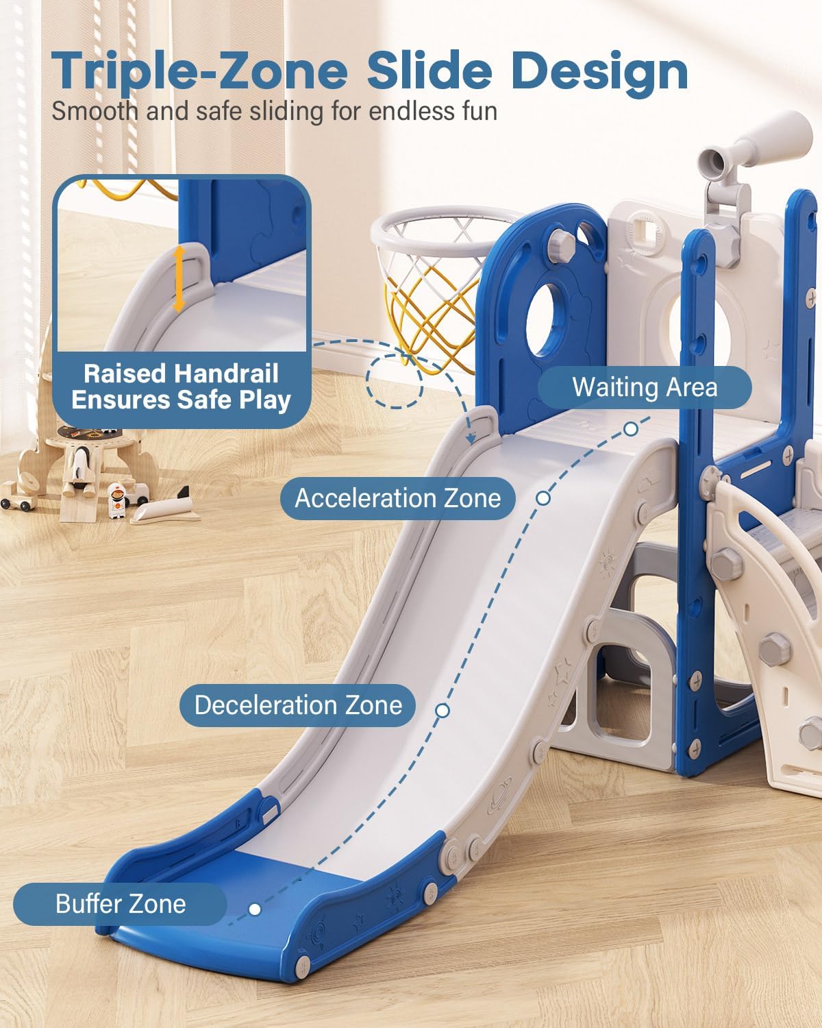Babytronic Toddler Slide, 6 in 1 Kids Indoor Slide for Toddlers 1-3, Baby Indoor and Outdoor Climber Playset, Kids Slide with Basketball Hoop and Telescope, Toddler Outdoor Playground (Blue&Yellow)
