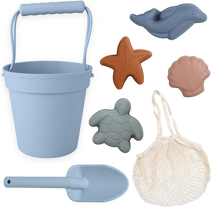 BLUE GINKGO Silicone Beach Toys - Modern Baby | Travel Friendly Toys Set | Silicone Bucket, Shovel, 4 Sand Molds, Beach Bag | Sand Toys for Toddlers, Kids - Yellow