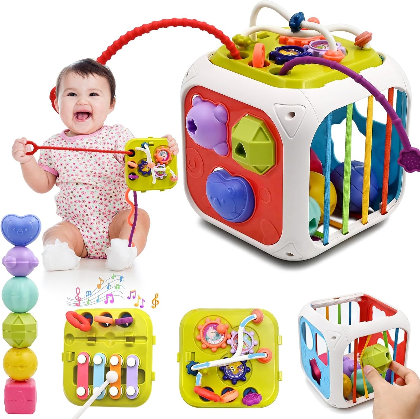 AiTuiTui Baby Sensory Montessori Activity Toys for 1 2 Year Old Boy Girl, Early Learning Develop Shape Sorter Cube with Soft Textured Balls for Infants Toddler Birthday or Easter Gifts